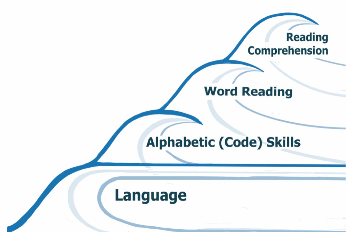 Wave Diagram showing the different stages of learning to read with language as the ocean from which all waves develop